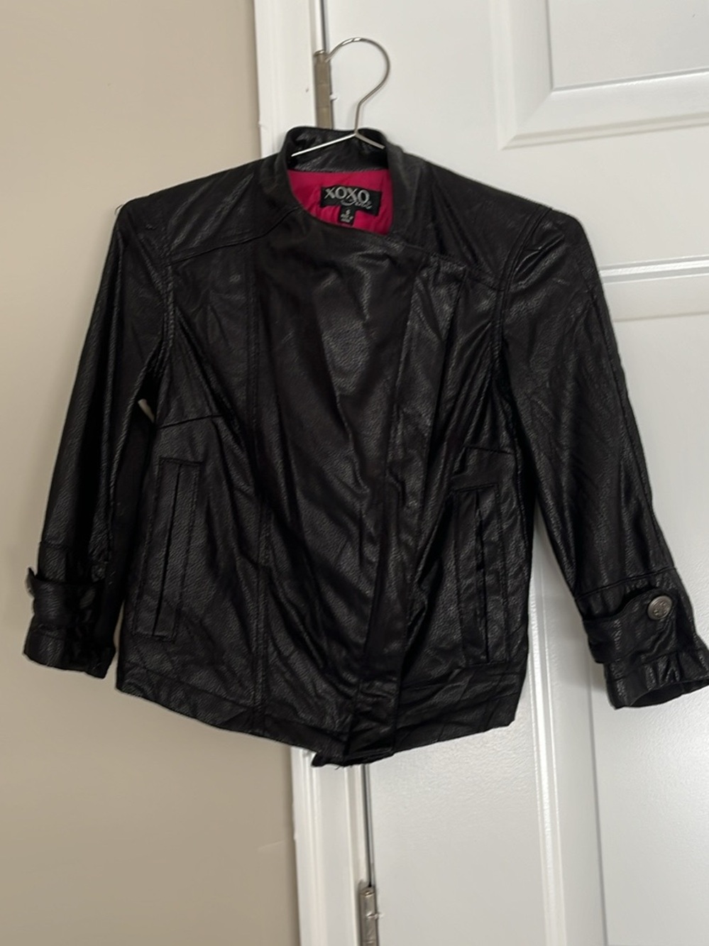 XOXO Black Faux Leather Jacket with Pink Lining